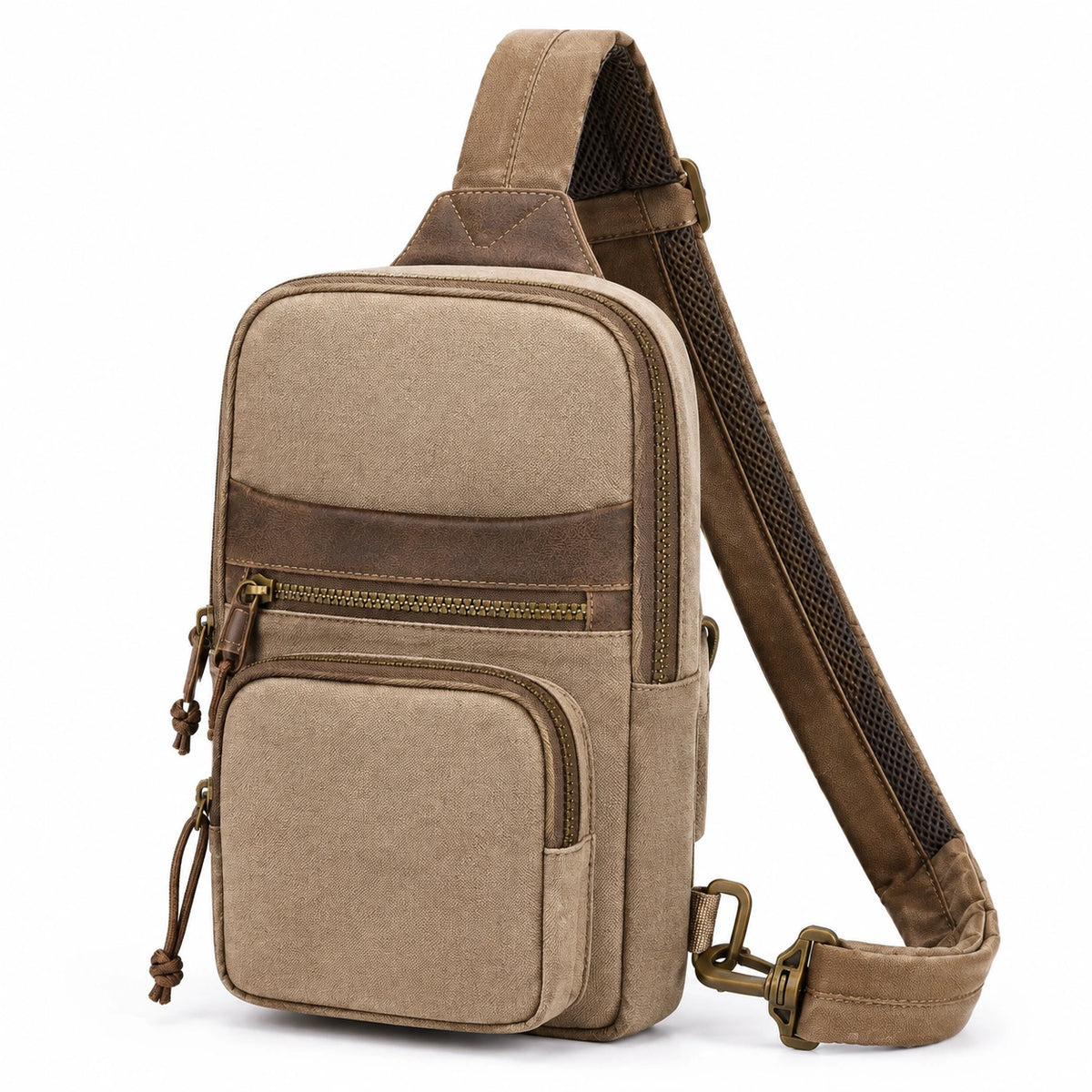 Borsa a tracolla 18 x 8 x 30 cm in tessuto beige e similpelle marrone con tasche con zip