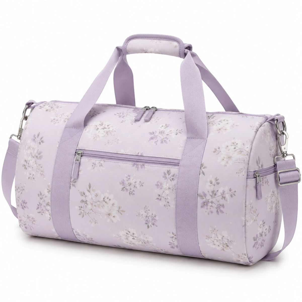 Borsone da viaggio 45 x 25 x 25 cm in tessuto sintetico lilla a fiori con tracolla regolabile