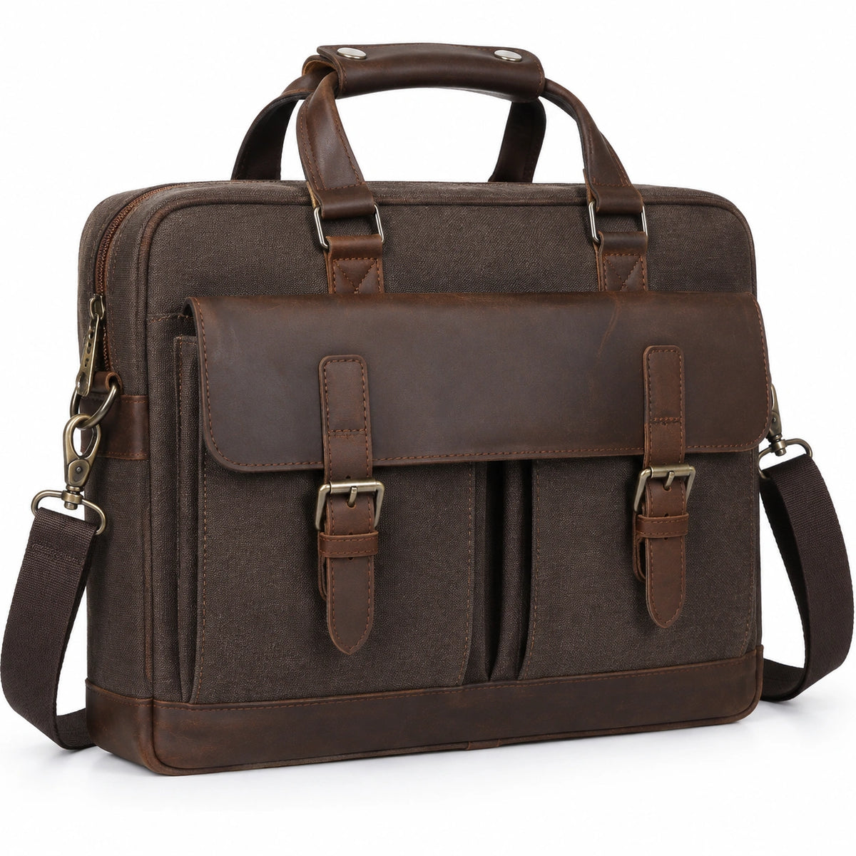 Borsa portadocumenti 40 x 10 x 30 cm in tessuto marrone con finiture effetto pelle stile vintage