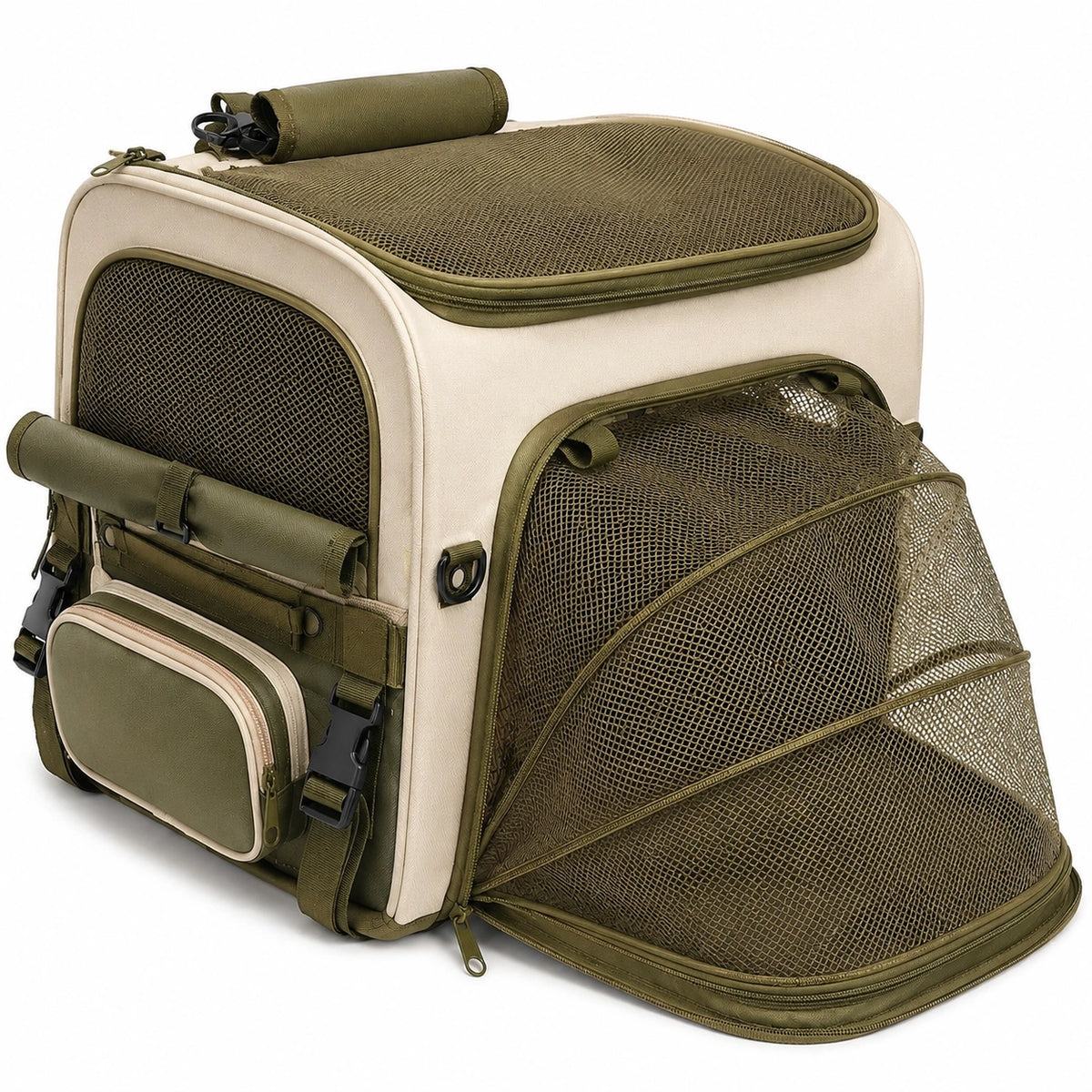 Trasportino per animali 45 x 30 x 30 cm in tessuto beige e verde con rete espandibile