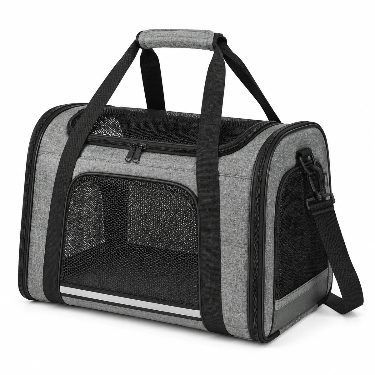 Borsa trasportino per animali 45 x 28 x 28 cm in tessuto grigio con rete nera - ventilata con tracolla